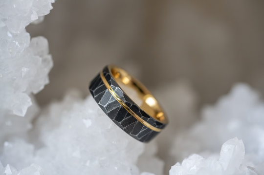 Tungsten Ring for Men Wedding Band Black Sandstone Inlaid Gold Dome